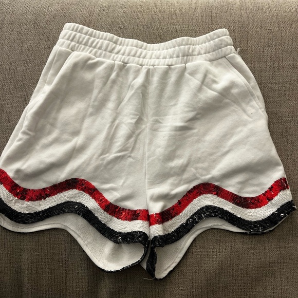 Queen of Sparkles White Shorts with Red, Black and White Sequin Detail- Size S - Picture 1 of 2